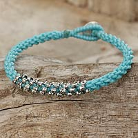 Silver beaded cord bracelet, 'Tribal Flowers in Blue' - Handmade 950 Silver Beaded Light Blue Cord Bracelet