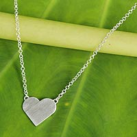Sterling silver pendant necklace, 'Full Heart' - Contemporary Brushed Silver Heart Pendant Necklace