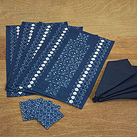 Cotton batik table linen set Blue Hmong Lace set for 4 Thailand