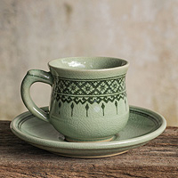 Celadon ceramic cup and saucer Thai Weavings Thailand