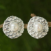 Cultured pearl button earrings,