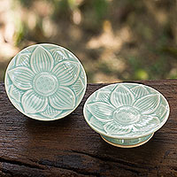 Celadon ceramic canape plates Blue Lotus pair Thailand