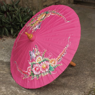 Cotton and bamboo parasol, 'Butterfly Paradise in Pink' - Pink Hand Painted Cotton Thai Parasol with Bamboo Frame