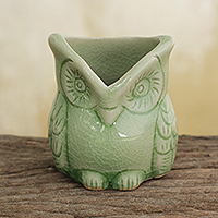 Celadon ceramic toothpick holder Happy Green Owl Thailand