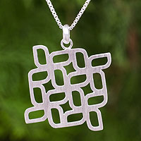 Sterling silver pendant necklace, 'Windmill Squared' - Artisan Crafted Brushed Sterling Silver Pendant Necklace