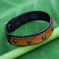 Leather bracelet, 'Exotic Rustic' - Handmade Brown Leather Bracelet with Brass Studs