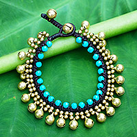Beaded calcite bracelet, 'Summer Bells' - Handcrafted Turquoise Blue Calcite and Brass Bracelet
