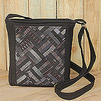 Cotton shoulder bag, 'Black Siam' - Black Cotton Thai Applique Shoulder Bag with 3 Pockets