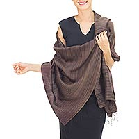 Silk and cotton blend batik shawl Romance in Umber Thailand