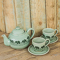Celadon ceramic tea set Happy Elephants set for 2 Thailand