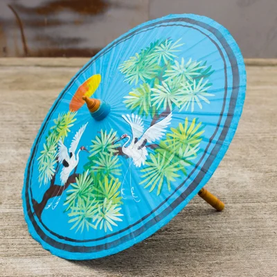 Cotton and bamboo parasol, 'Egrets' - Colorful Cotton and Bamboo Parasol with Egret Motif