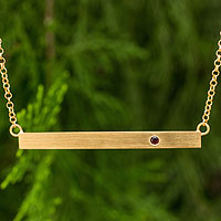 Gold vermeil garnet bar pendant necklace, 'Simple Compassion' - Fair Trade Pendant Necklace in Gold Vermeil with Garnet