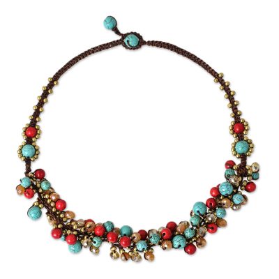 Beaded necklace, 'Blue Fire Cattlelaya' - Blue and Red Gemstone Clusters on Hand Knotted Necklace