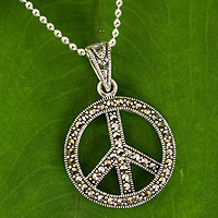 Marcasite pendant necklace, 'The Peace Sign' - Sterling Silver 925 and Marcasite Peace Sign Necklace