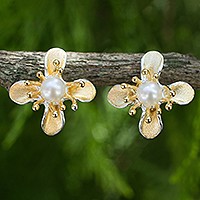 Gold vermeil cultured pearl flower earrings,