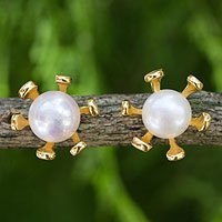 Gold vermeil cultured pearl button earrings,