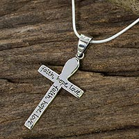 Sterling silver cross necklace, 'Faith, Hope, Love' - Handmade Women's Silver Cross Pendant Necklace