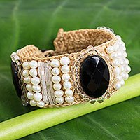 Onyx and cultured pearl wristband bracelet,