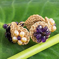 Amethyst and cultured pearl flower bracelet,