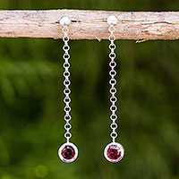 Garnet dangle earrings, 'Light' - Garnet on Long Sterling Silver Earrings Crafted by Hand
