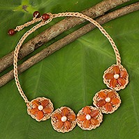 Carnelian and cultured pearl flower necklace,