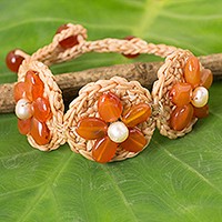 Carnelian and cultured pearl flower bracelet,