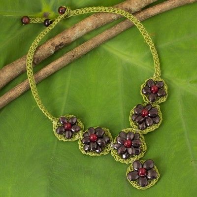 Garnet beaded flower necklace, 'Crimson Daisy' - Artisan Crafted Garnet Flower Necklace on Green Cords