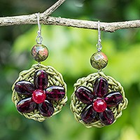 Garnet beaded flower earrings,