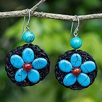 Carnelian and calcite beaded dangle earrings,