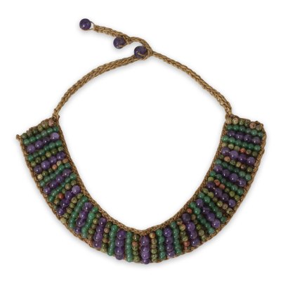 Unakite and amethyst beaded necklace, 'Ethnic Parallels' - Crocheted Choker Necklace with Unakite, Amethyst and Quartz