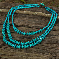 Wood beaded necklace, 'Happy Blue' - Blue Beaded Wood Waterfall Necklace Artisan Crafted Jewelry