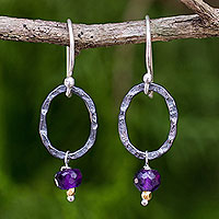 Amethyst dangle earrings, 'Forged in Wisdom' - Thai Hammered Silver and Amethyst Dangle Earrings