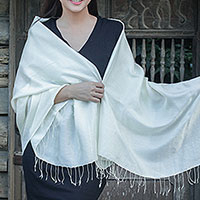 Rayon and silk blend shawl, 'Elegance in Cream' - Flowers on Cream Color Rayon Blend Shawl from Thailand