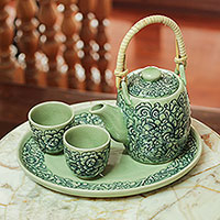 Celadon ceramic tea set Thai Camellia in Blue set for 2 Thailand