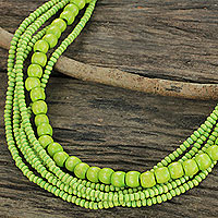 Wood beaded necklace, 'Oasis Dance' - Long Multi Strand Bright Green Beaded Wood Necklace