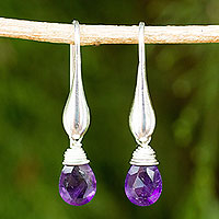 Amethyst dangle earrings, 'Sophisticated Purple' - Matte Finish Sterling Silver and Amethyst Dangle Earrings