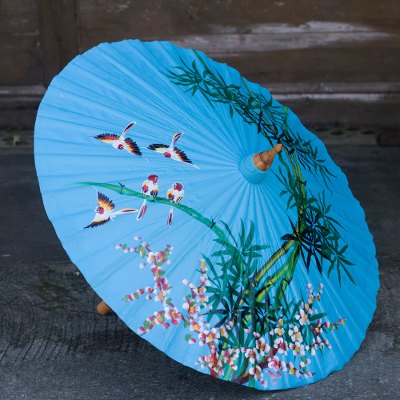 Cotton and bamboo parasol, 'Tropical Bamboo' - Hand Painted Blue Cotton and Bamboo Thai Parasol
