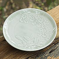 Celadon ceramic plate Enchanted Green Orchids Thailand