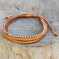 Silver beaded wristband bracelet, 'Warm Honey' - Silver Beads on Hand Braided Wristband Bracelet