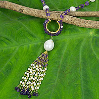 Cultured pearl and amethyst pendant necklace, 'Romantic Orchid' - Pearl and Amethyst on 24k Gold Plated Silver Long Necklace