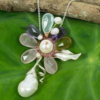 Cultured pearls and multi-gemstone long flower necklace,