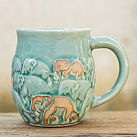 Celadon ceramic mug Light Blue Elephant Herd Thailand