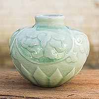 Celadon ceramic petite vase, 'Voluptuous Lotus' - Thai Hand Crafted Petite Celadon Ceramic Vase
