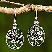 Sterling silver heart earrings, 'Hollyhocks' - Thai Artisan Crafted Flower Theme Silver Hook Earrings