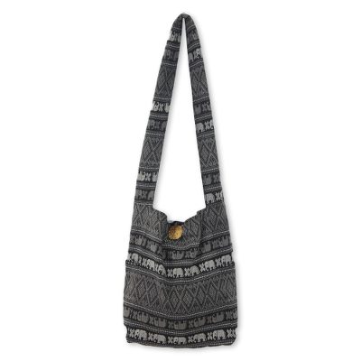 Cotton sling bag, 'Elephant Shadow' - Cotton Grey and Black Elephant Print Purse from Thailand