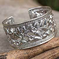 Sterling silver flower cuff bracelet,