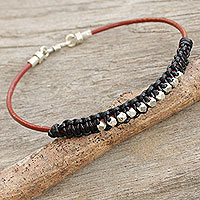 Men's leather and silver bracelet, 'Constellation in Black' - Men's Leather Macrame Bracelet with Hill Tribe Silver