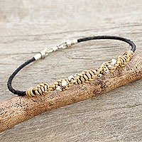 Men's leather and silver braided bracelet, 'Decisive Tan' - Hill Tribe Silver and Tan Leather Men's Bracelet