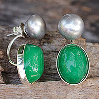 Cultured pearl and quartz drop earrings, 'Grey Iridescence' - Grey Pearls and Green Quartz on Sterling Silver Earrings
