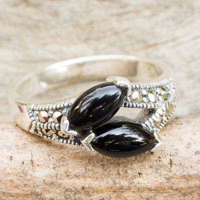 Thai Onyx Handcrafted Silver and Marcasite Ring